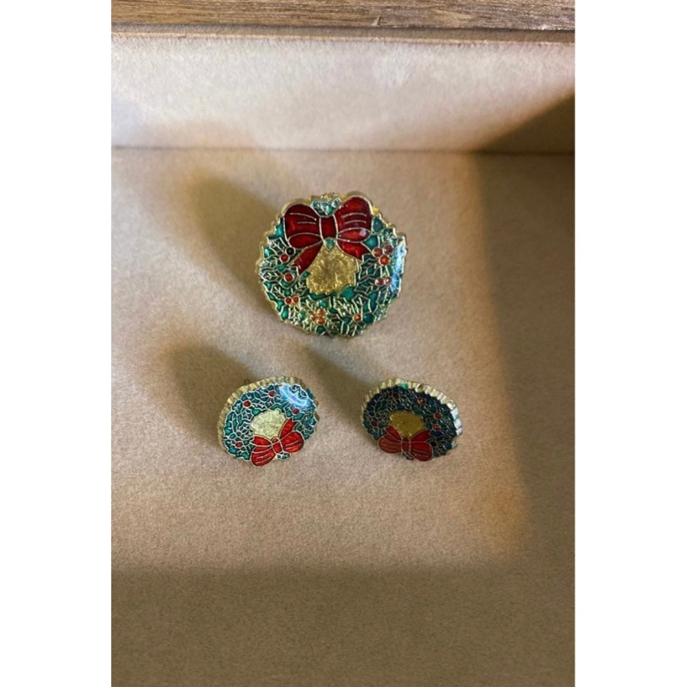 Retro Christmas Wreath Earrings and Pin Set‎